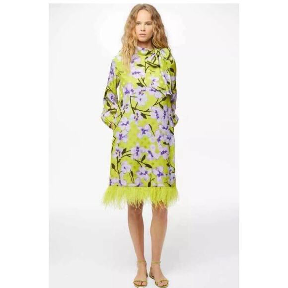 Carolina Herrera Silk Mini Dress M Feathers Long Sleeve Green Floral Neck Tie - Picture 3 of 10